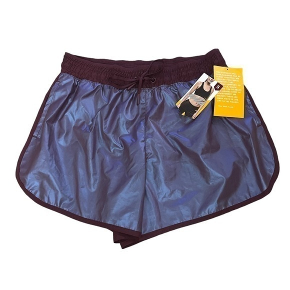 NWT AVIA Shine short, iridescent purple front & maroon back, w/ panty, athletic